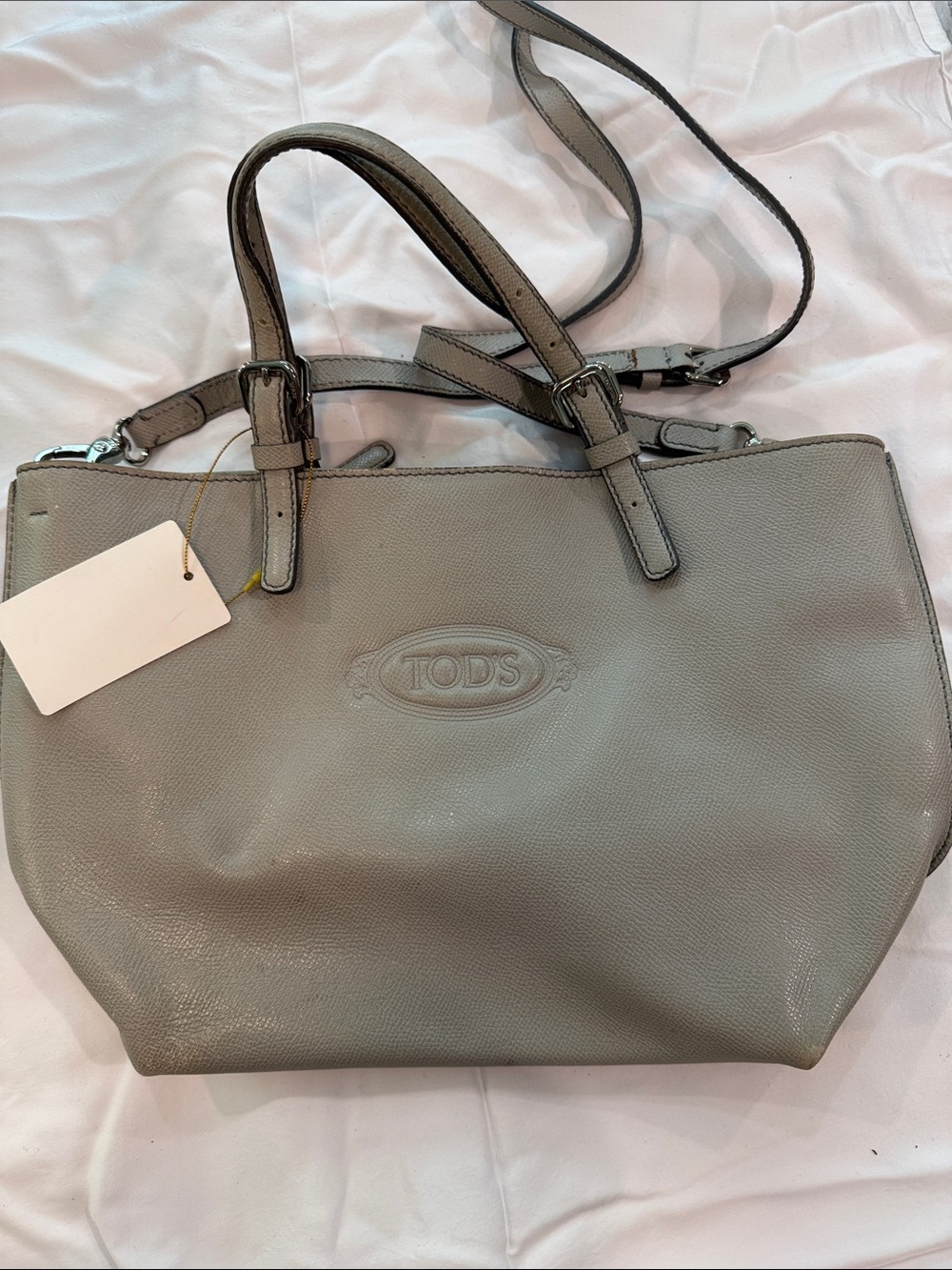 TOD'S Light Gray Pebbled Leather Tote with Shoulder Strap